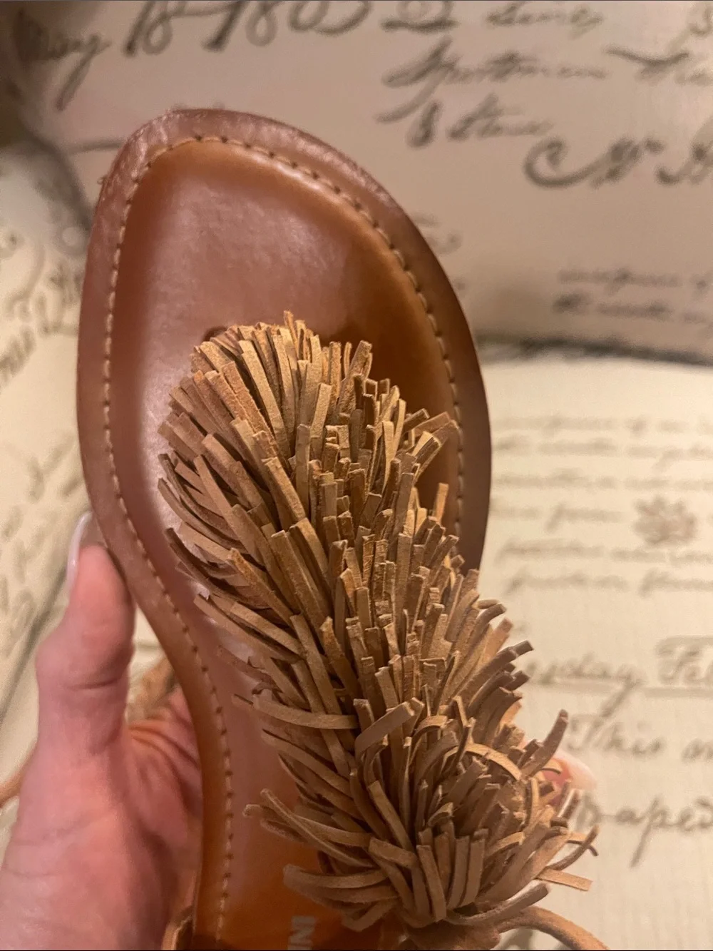 Gianni Bini Tan Fringe T-Strap Sandals with Gold Heel Detail - Picture 7 of 7